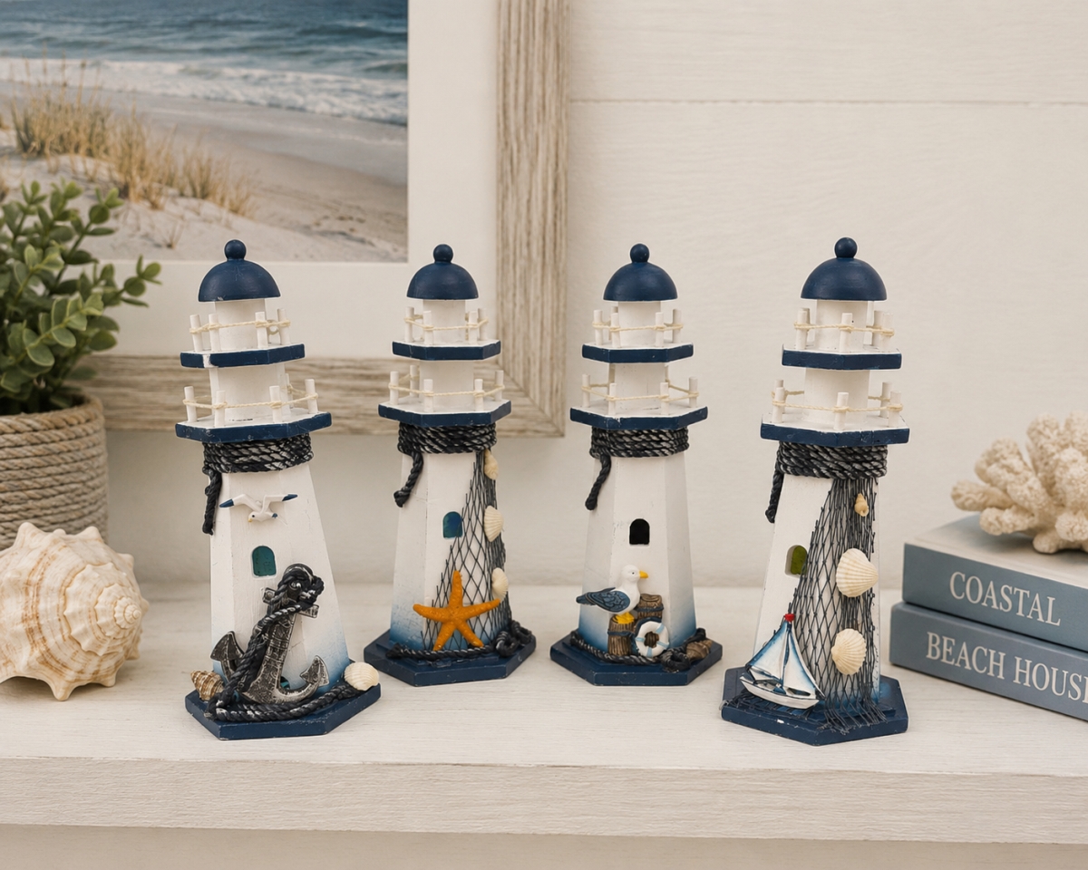 IG-34.254 Set Of 4 Assorted Led Lighthouses With Coastal Decor Figurines