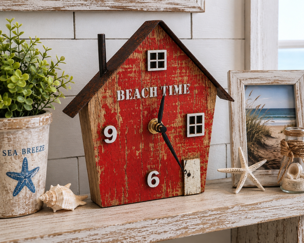 IG-32.191 Weathered Look Beach Time Cabin Shaped Clock