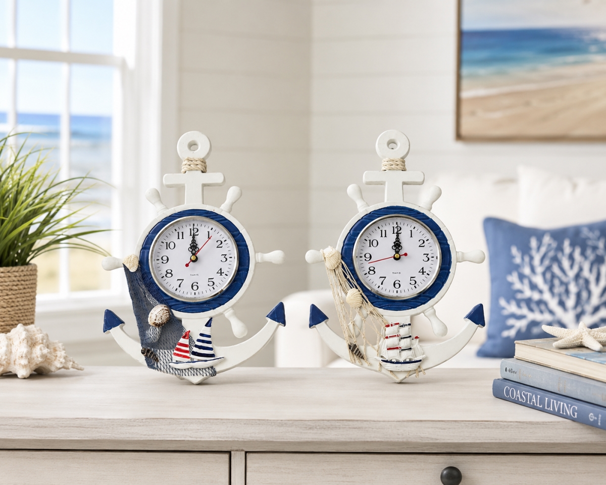 IG-N00.052 Set Of 2 Assorted Beach Decor On Anchors Hanging Clocks