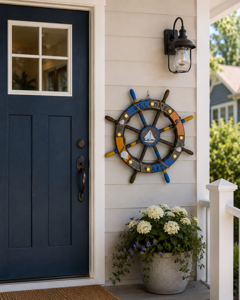 IG-N00.189 Led Ships Wheel With Rope- Welcome Aboard Sailboat And Sea Shells Wall Decor