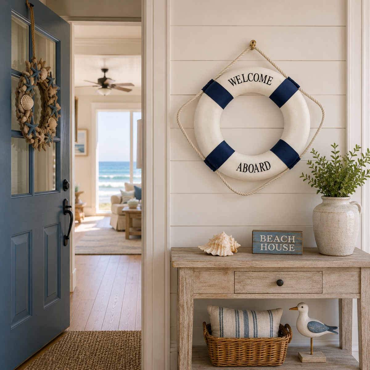 IG-N00.312 Rope Accented Welcome Aboard Life Saver Wall Decor