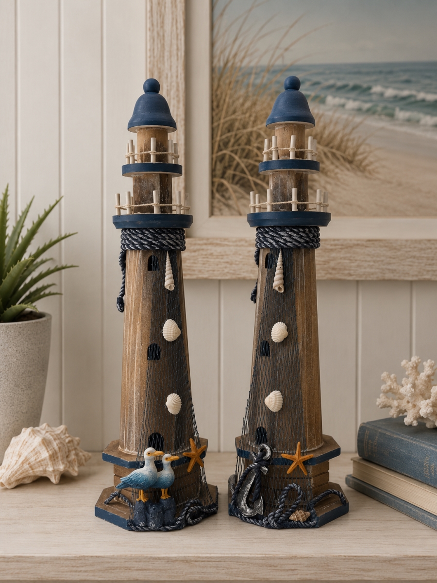 IG-N00.079 Set Of 2 Assorted Weathered Lighthouse With Nautical Decor Figurines