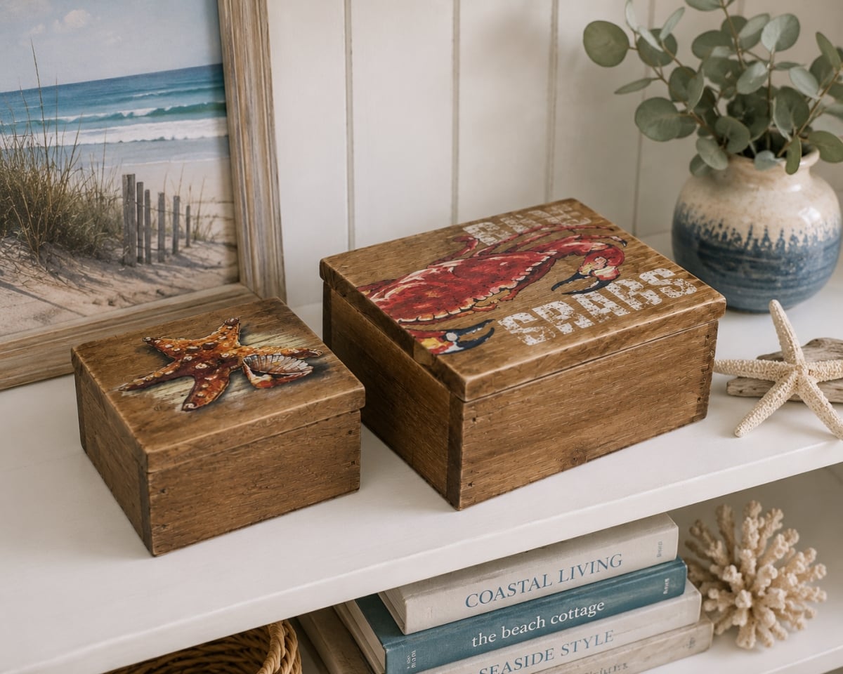 IG-32.207 Set Of 2 Assorted Size Bay Crabs With Crab And Starfish Print Boxes
