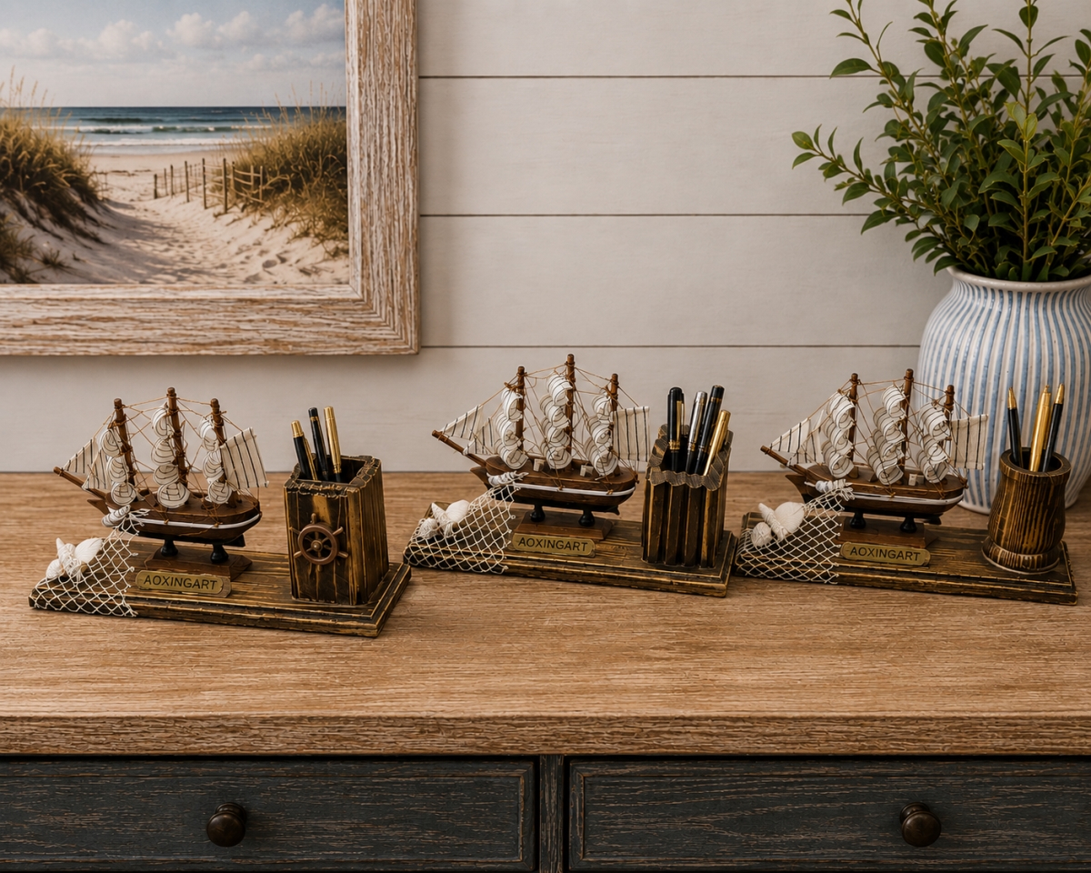 IG-N00.155 Set Of 3 Assorted Ships With Decorative Pen Holders Figurines