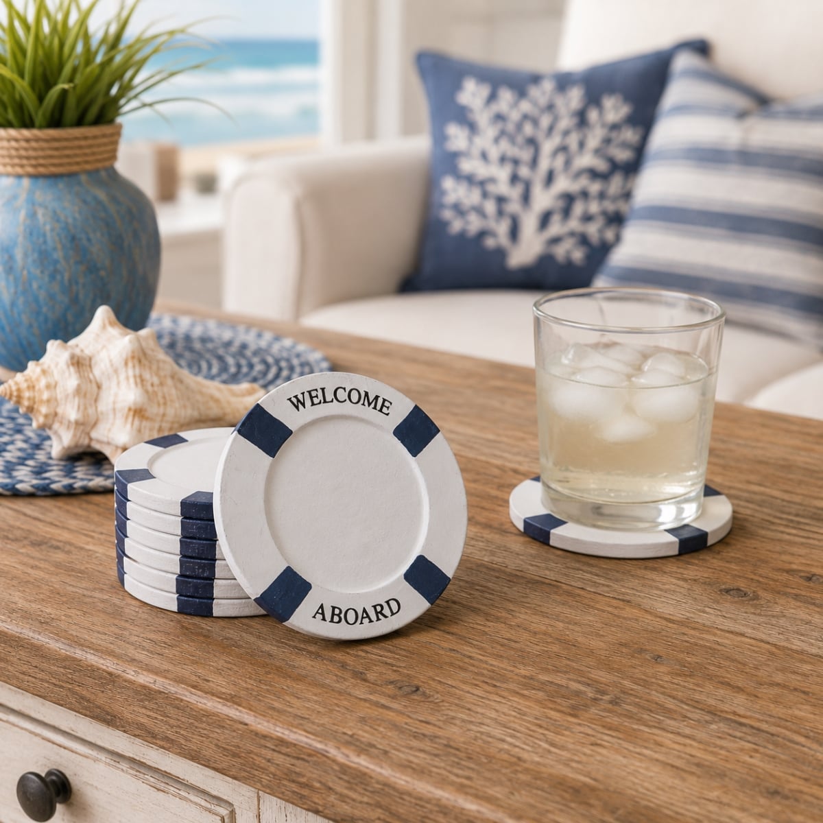IG-33.648 Set Of 6 Welcome Aboard Lifesaver Ring Shaped Coasters