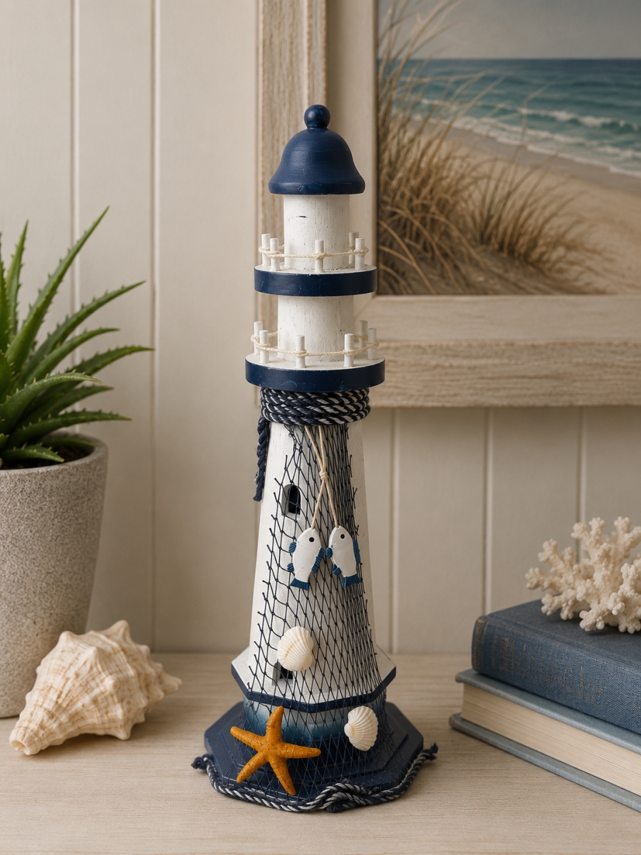 IG-N00.080 Lighthouse With Fishing Net-Fish And Shells Figurine