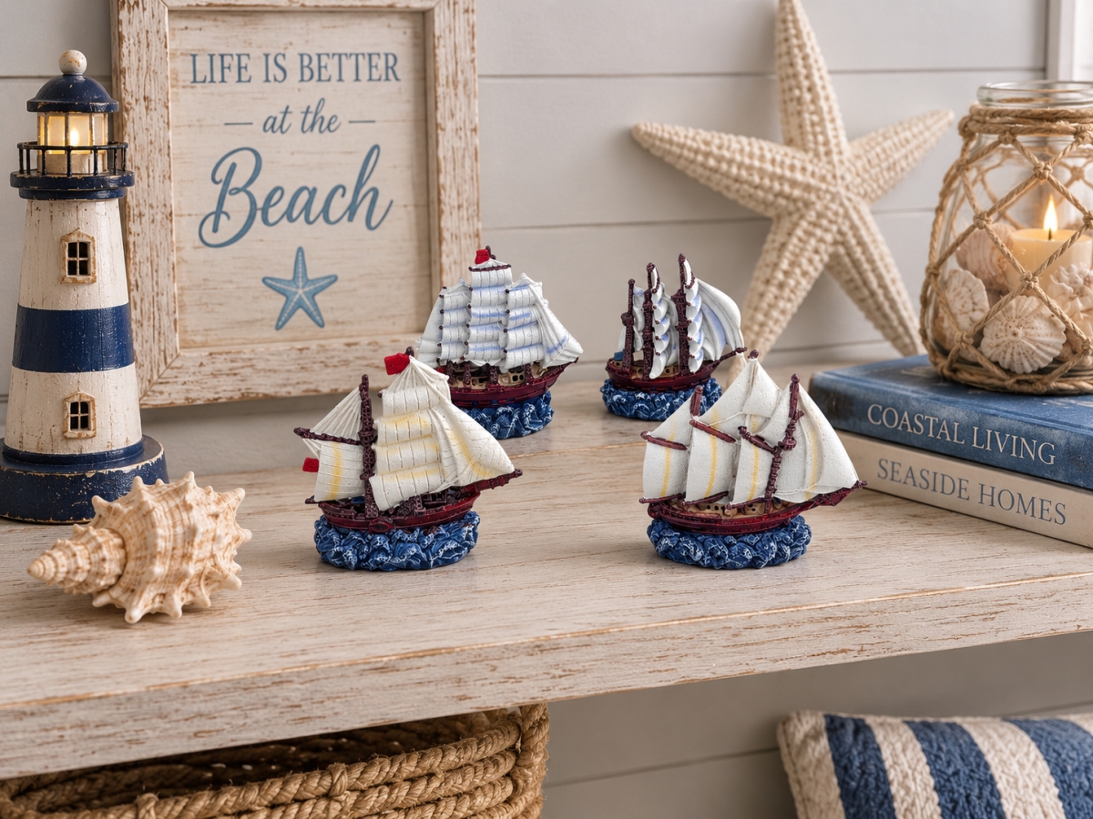 IG-N00.280 Set Of 4 Assorted Styles Miniature Ships At Sea Figurines