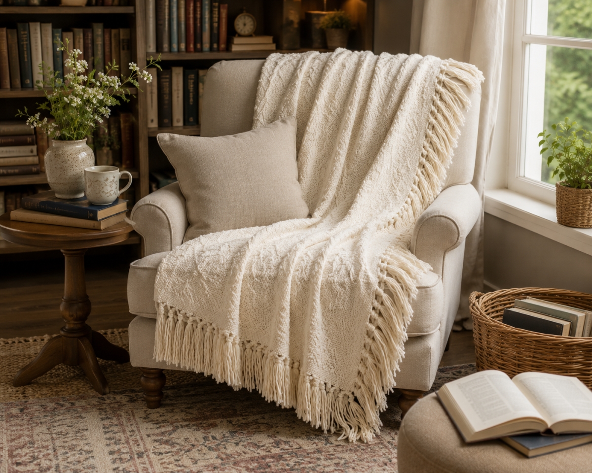 AG-50335 Heart Weave Ivory Throw