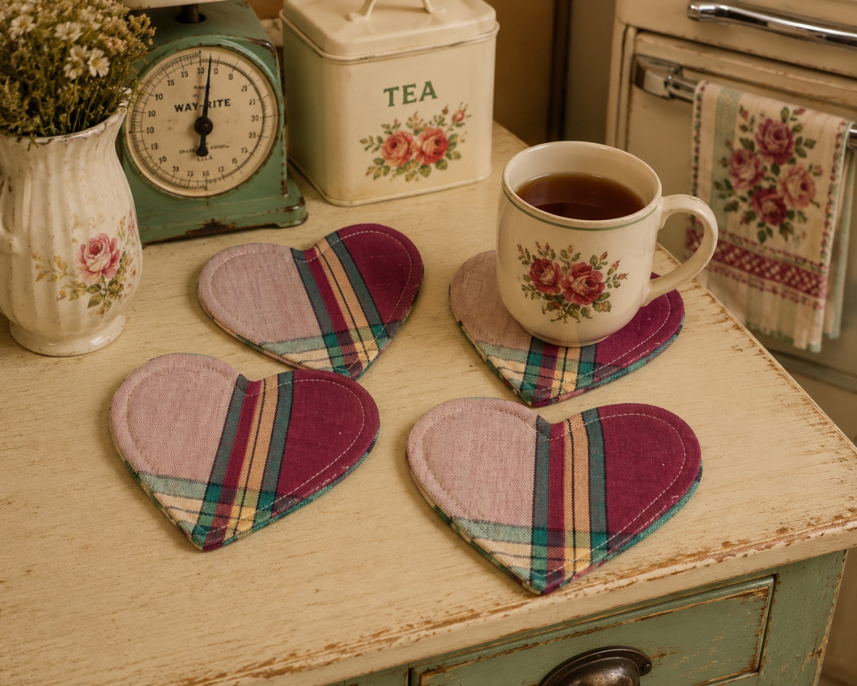 AG-71736 Set Of 4 Sherwood Burgundy-Heart Shaped Check Pattern Coasters