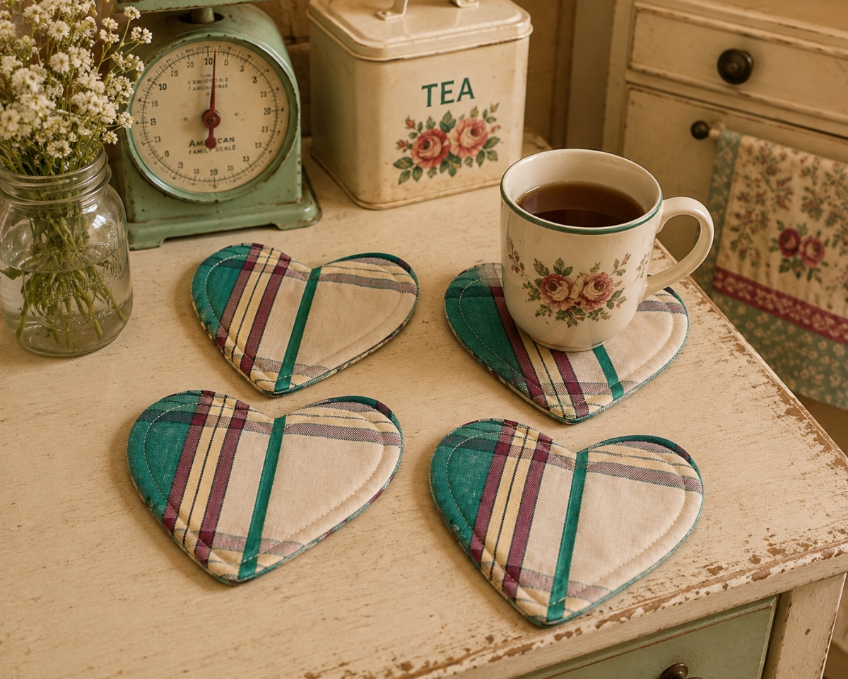 AG-71738 Set Of 4 Sherwood Green-Heart Shaped Check Pattern Coasters