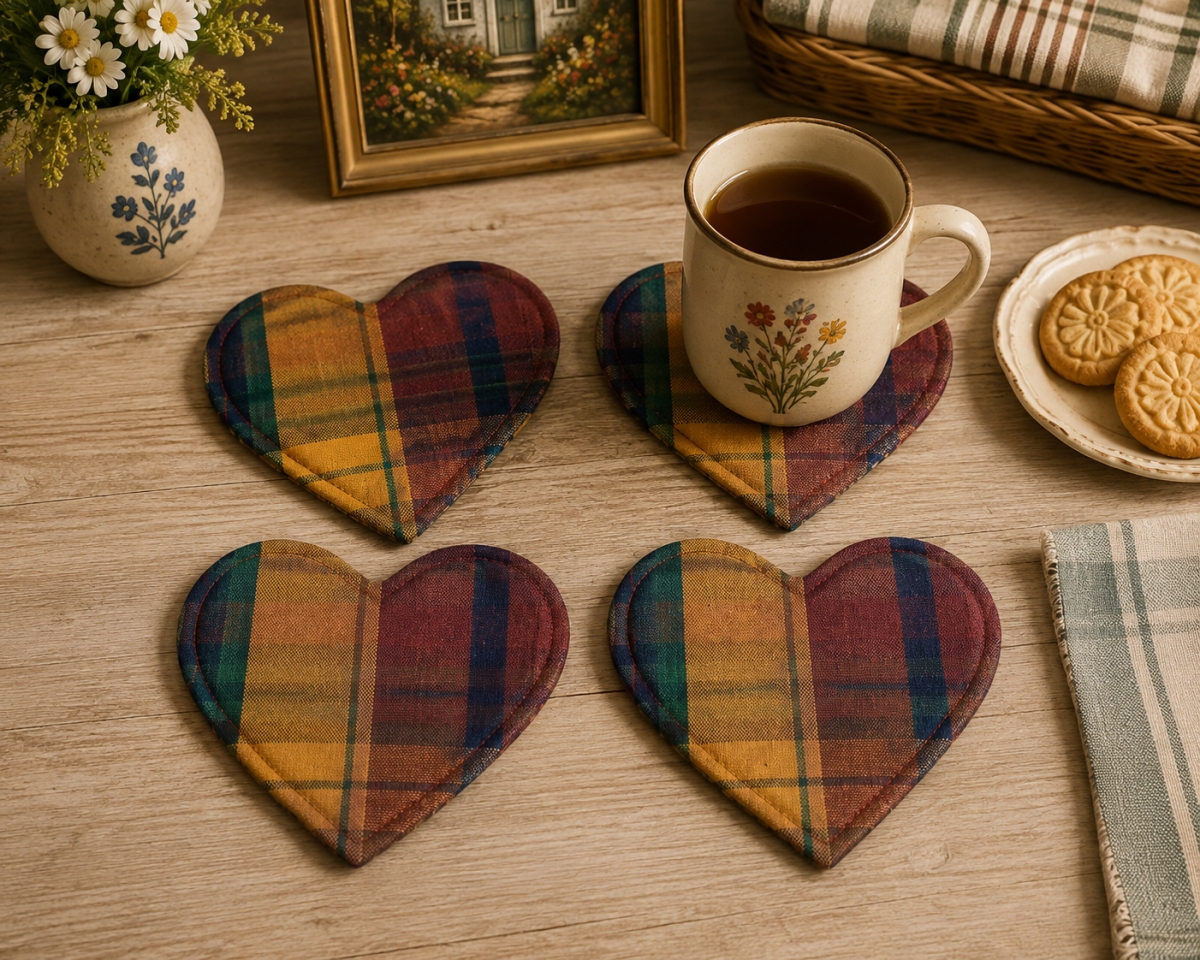 AG-71280 Set Of 4 Sunset-Heart Shaped Check Pattern Coasters