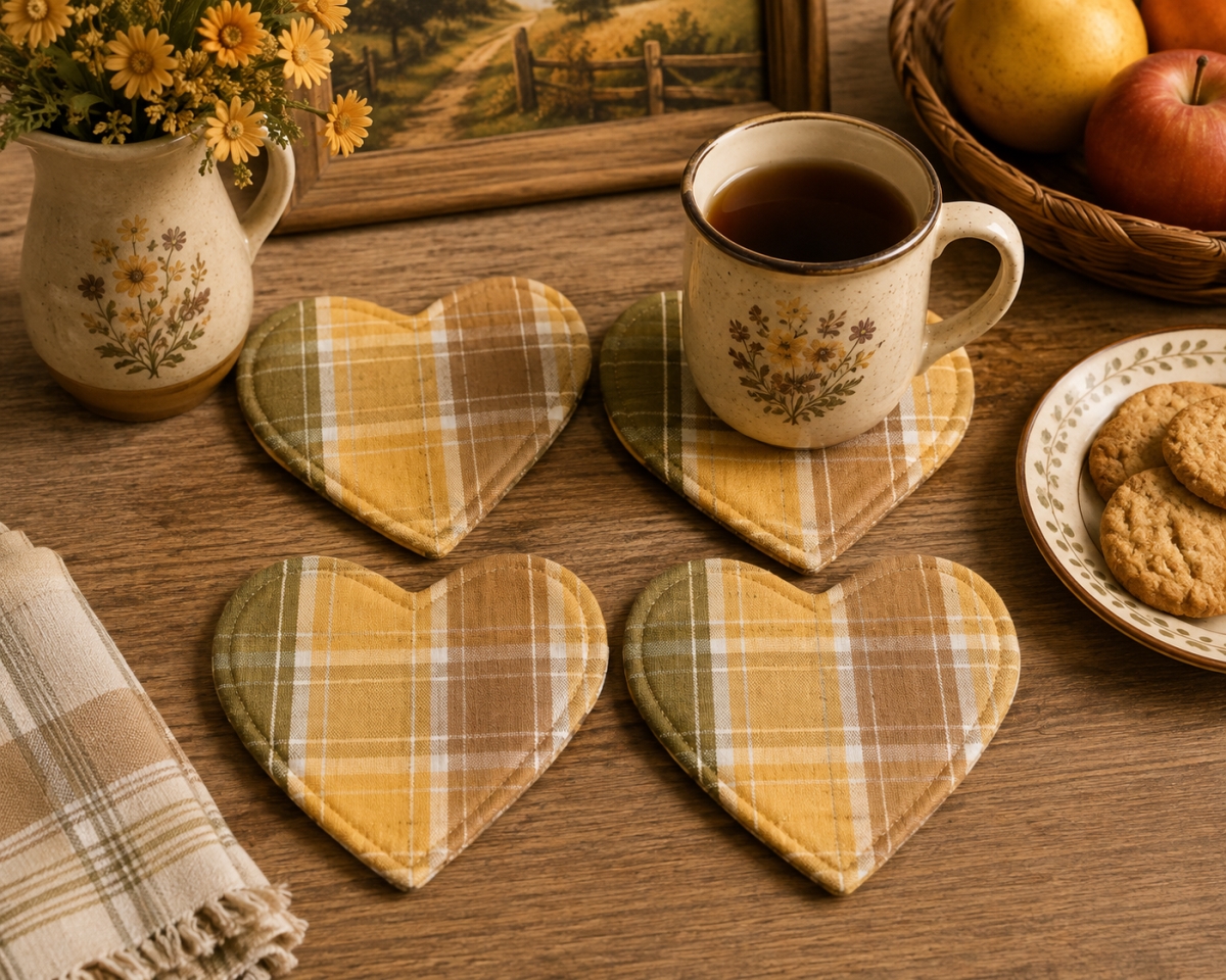 AG-71290 Set Of 4 Tulip-Heart Shaped Check Pattern Coasters