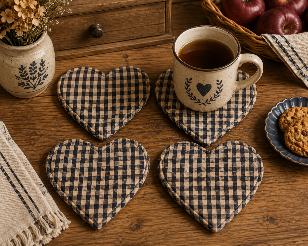 AG-71296 Set Of 4 Berryvine Navy Blue-Heart Shaped Check Pattern Coasters