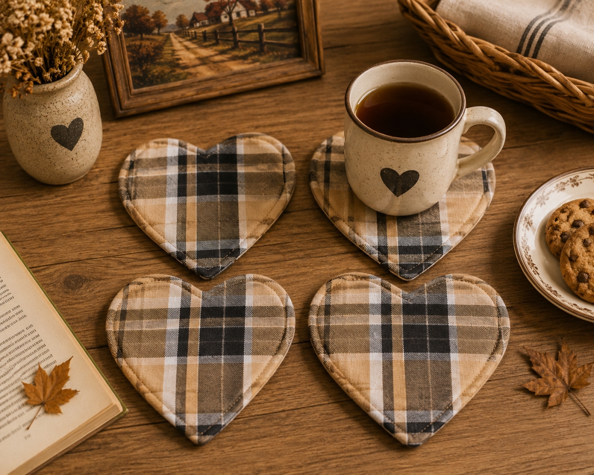 AG-71298 Set Of 4 Black Haze-Heart Shaped Check Pattern Coasters