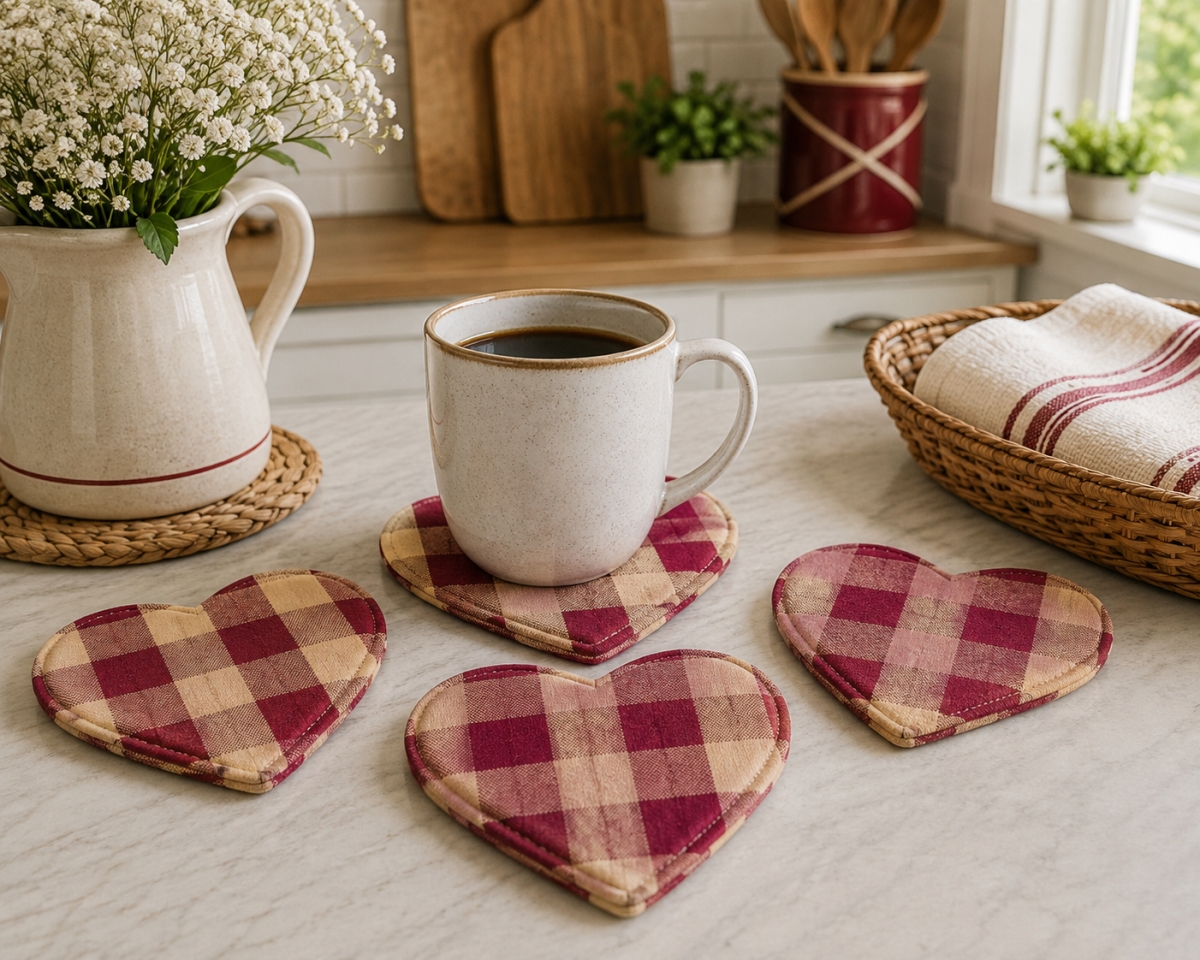 AG-71251 Set Of 4 Burgundy-Heart Shaped Check Pattern Coasters