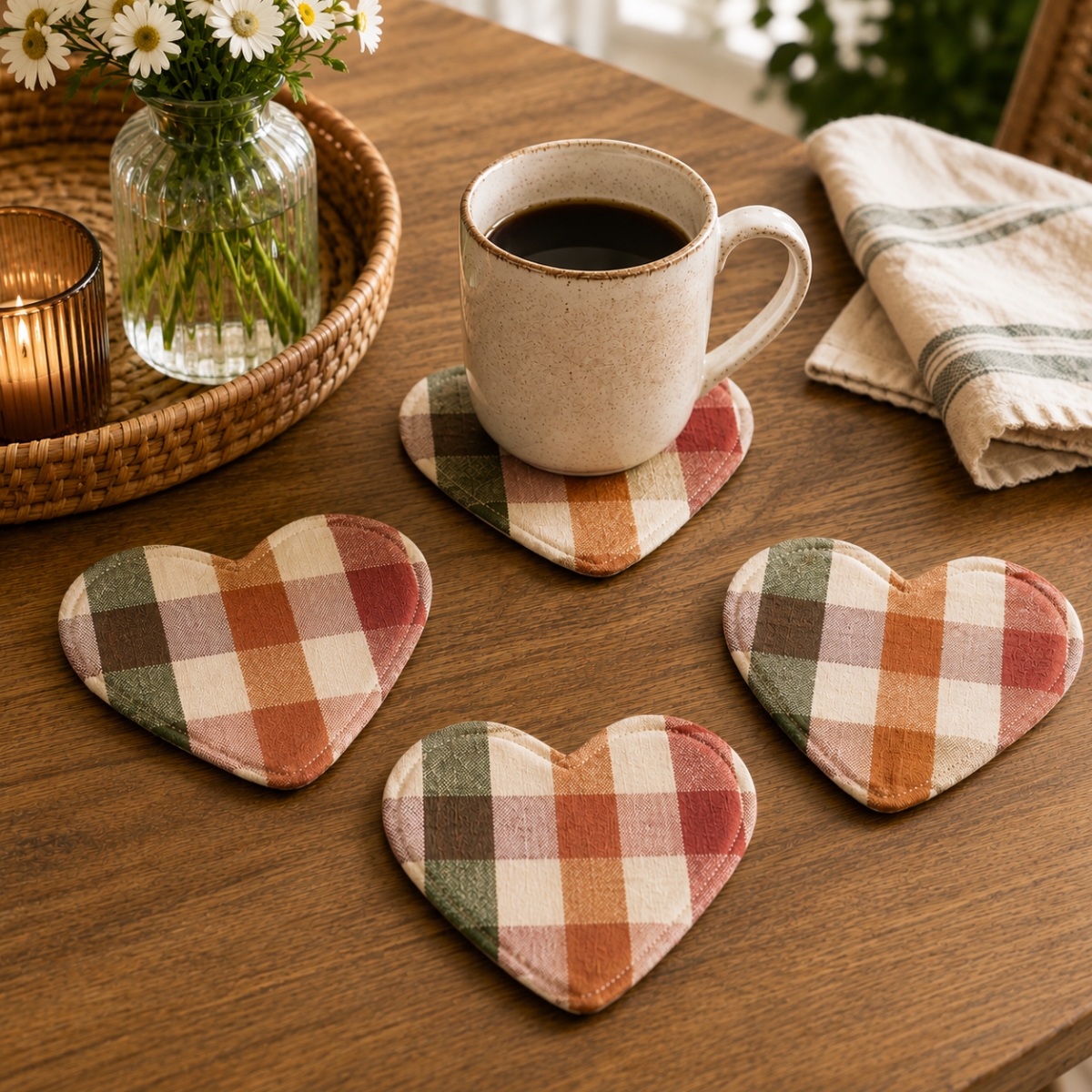 AG-71210 Set Of 4 Cambridge-Heart Shaped Check Pattern Coasters