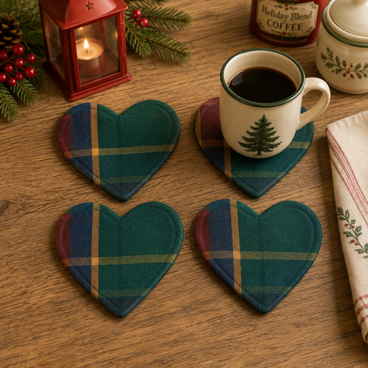 AG-71264 Set Of 4 Festive Jewel-Heart Shaped Check Pattern Coasters