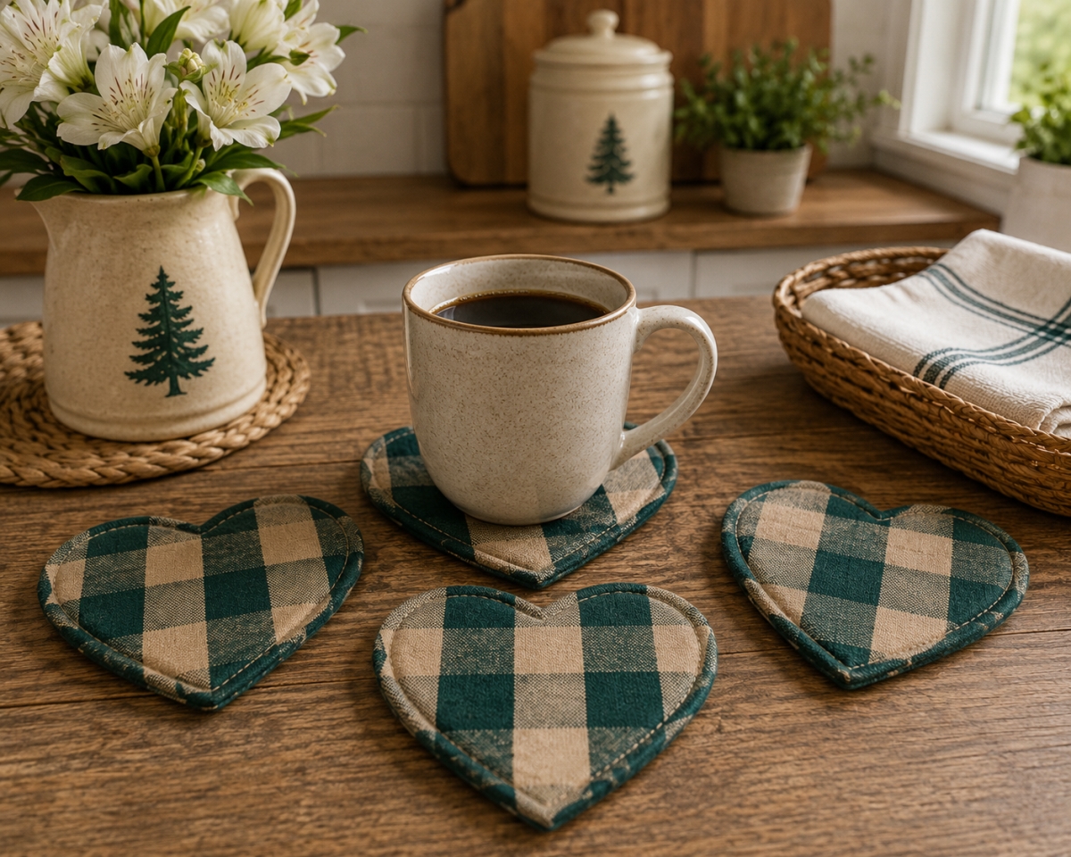AG-71252 Set Of 4 Green-Heart Shaped Check Pattern Coasters