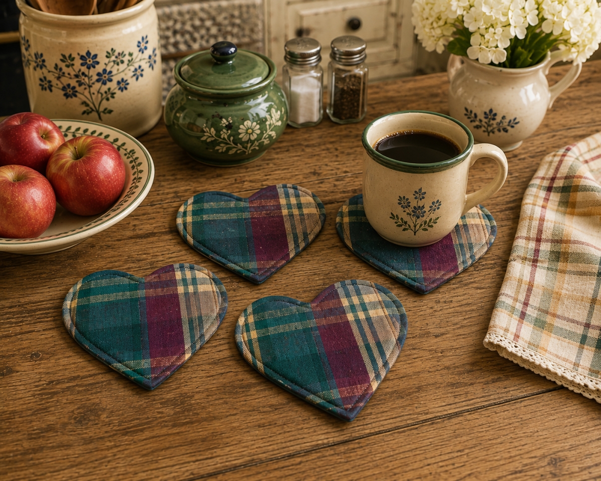 AG-71261 Set Of 4 Kargil-Heart Shaped Check Pattern Coasters