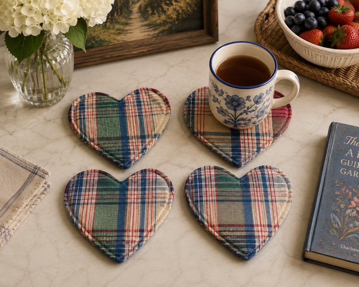 AG-71281 Set Of 4 Moorpark Jewel-Heart Shaped Check Pattern Coasters