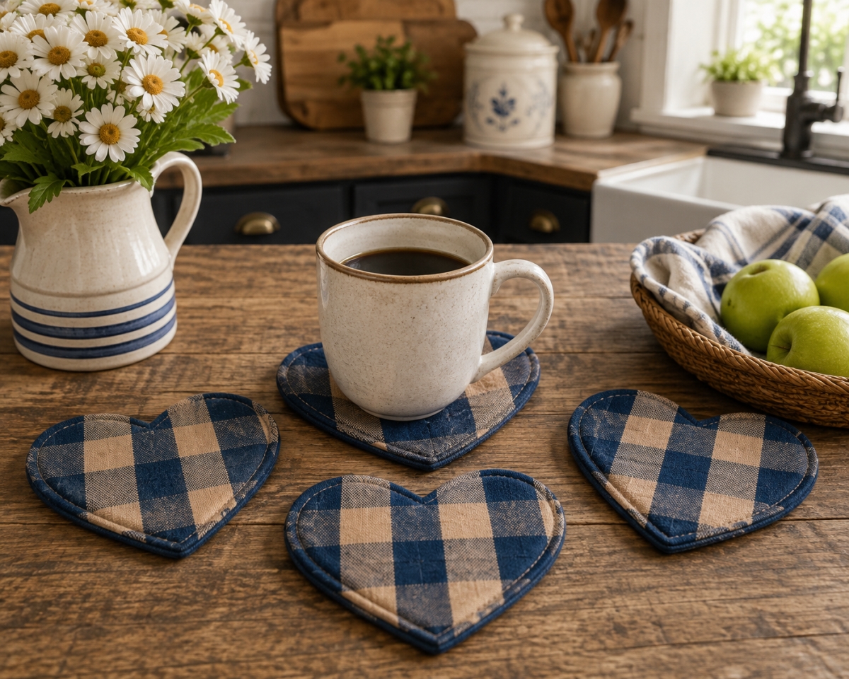AG-71250 Set Of 4 Navy Check-Heart Shaped Check Pattern Coasters