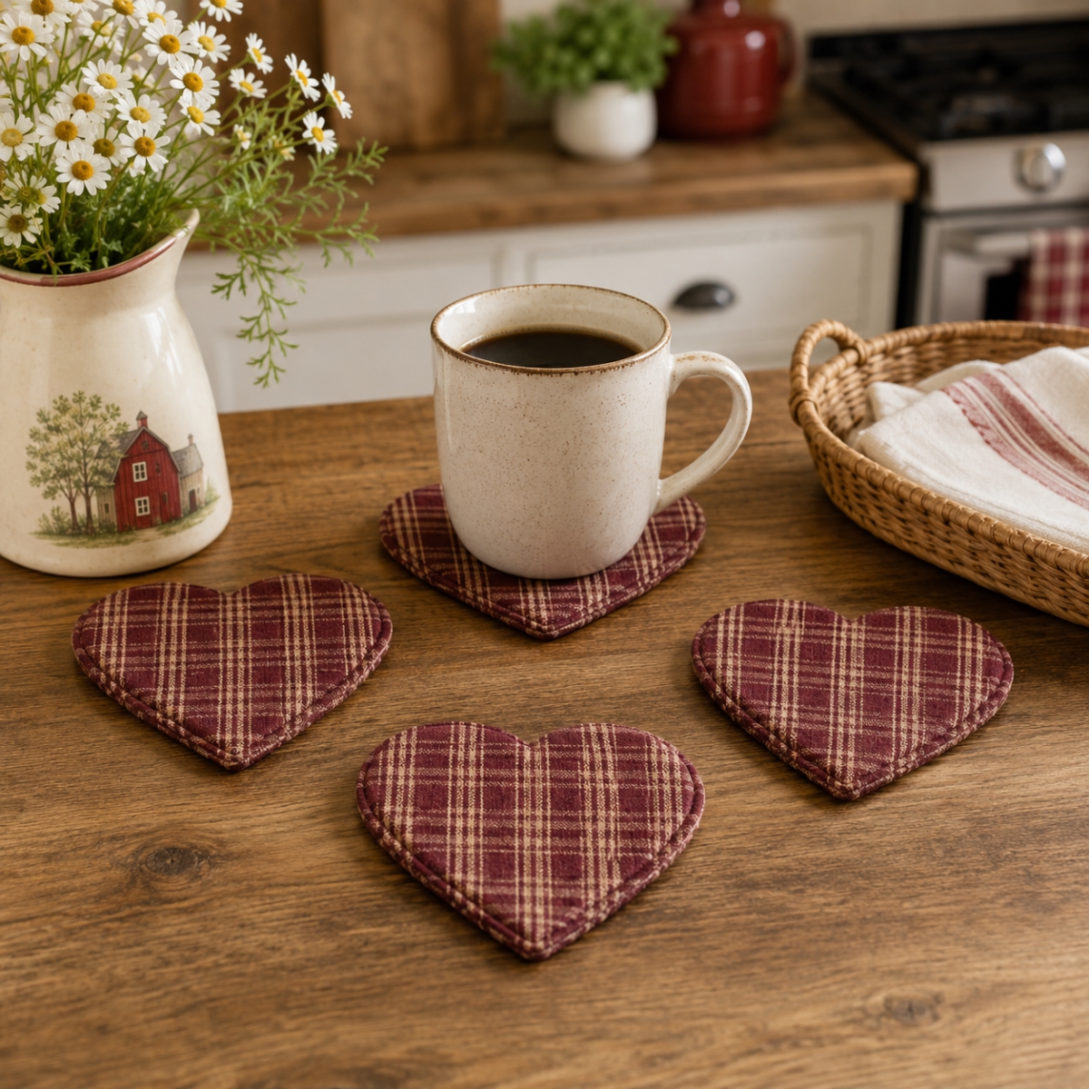 AG-71225 Set Of 4 Paprika--Heart Shaped Check Pattern Coasters