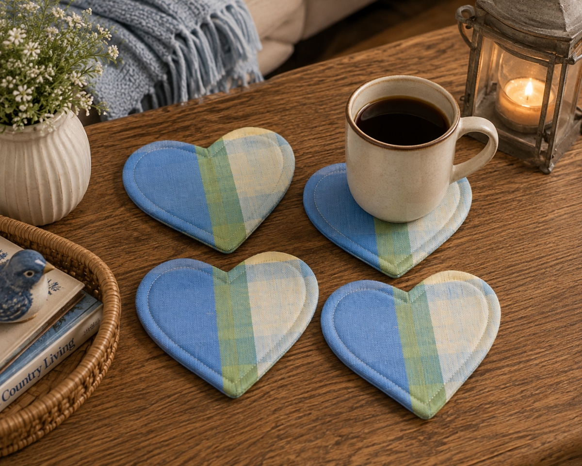 AG-71713 Set Of 4 Provence-Heart Shaped Check Pattern Coasters