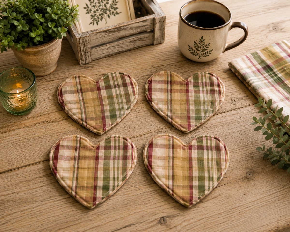 AG-71256 Set Of 4 Rosemary-Heart Shaped Check Pattern Coasters