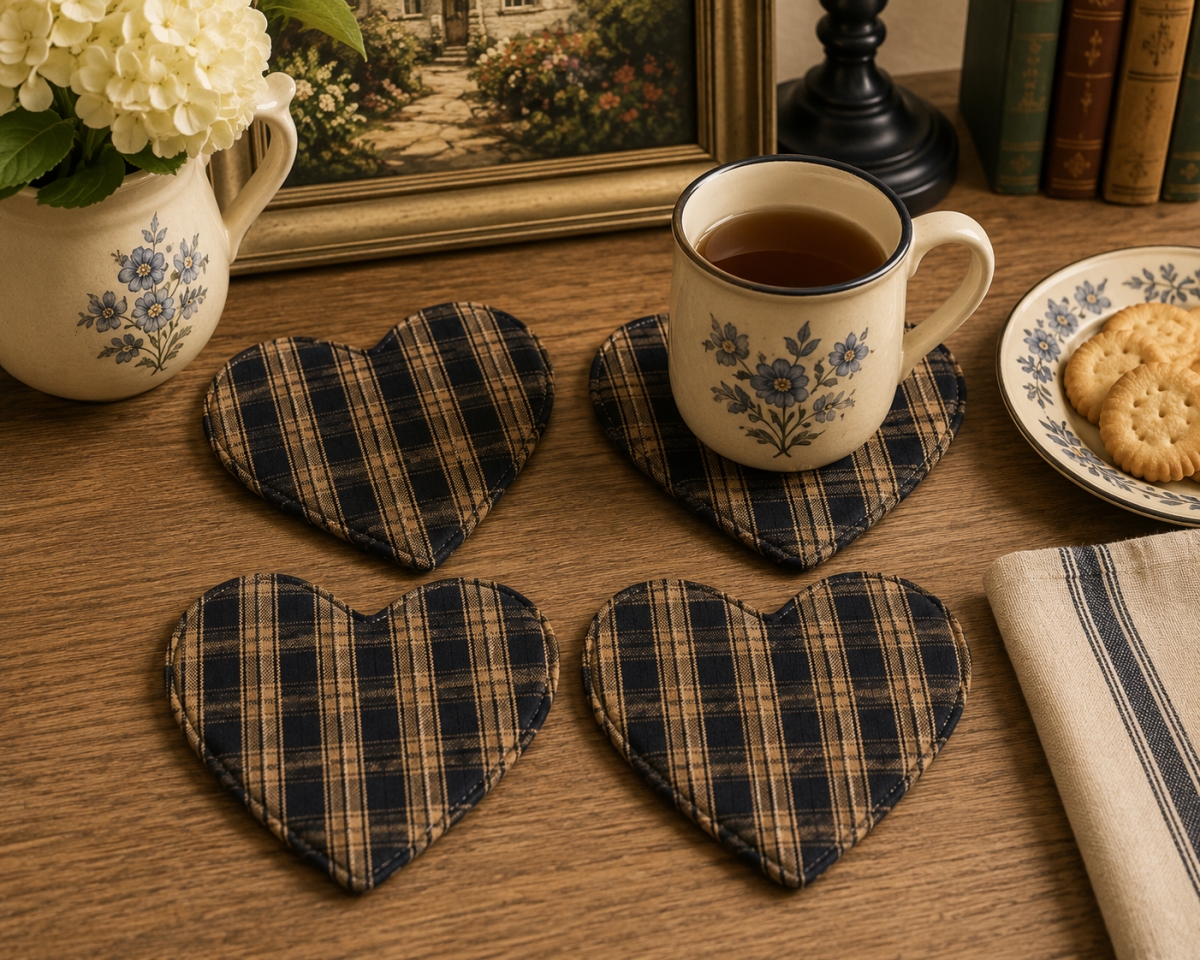 AG-71272 Set Of 4 Salt Pepper-Heart Shaped Check Pattern Coasters