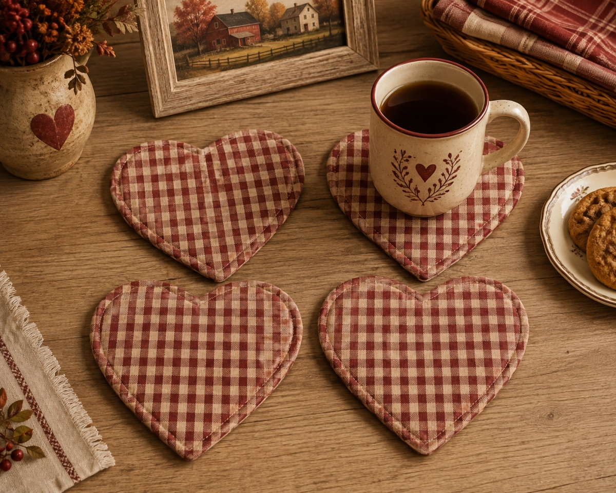 AG-71295 Set Of 4 Berryvine Burgundy-Heart Shaped Check Pattern Coasters