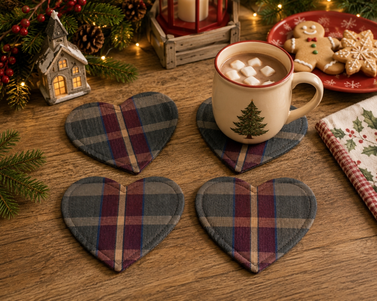 AG-71263 Set Of 4 Army-Heart Shaped Check Pattern Coasters