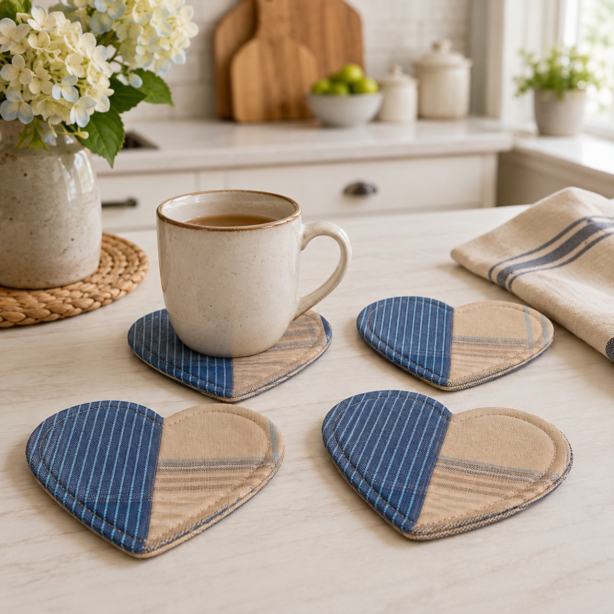 AG-71222 Set Of 4 Sand Blue-Heart Shaped Check Pattern Coasters
