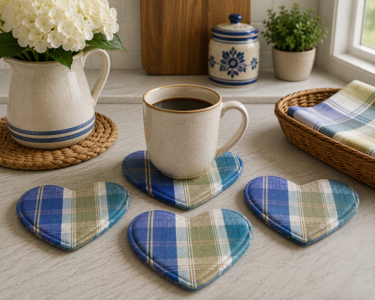 AG-71255 Set Of 4 Sea Queen-Heart Shaped Check Pattern Coasters