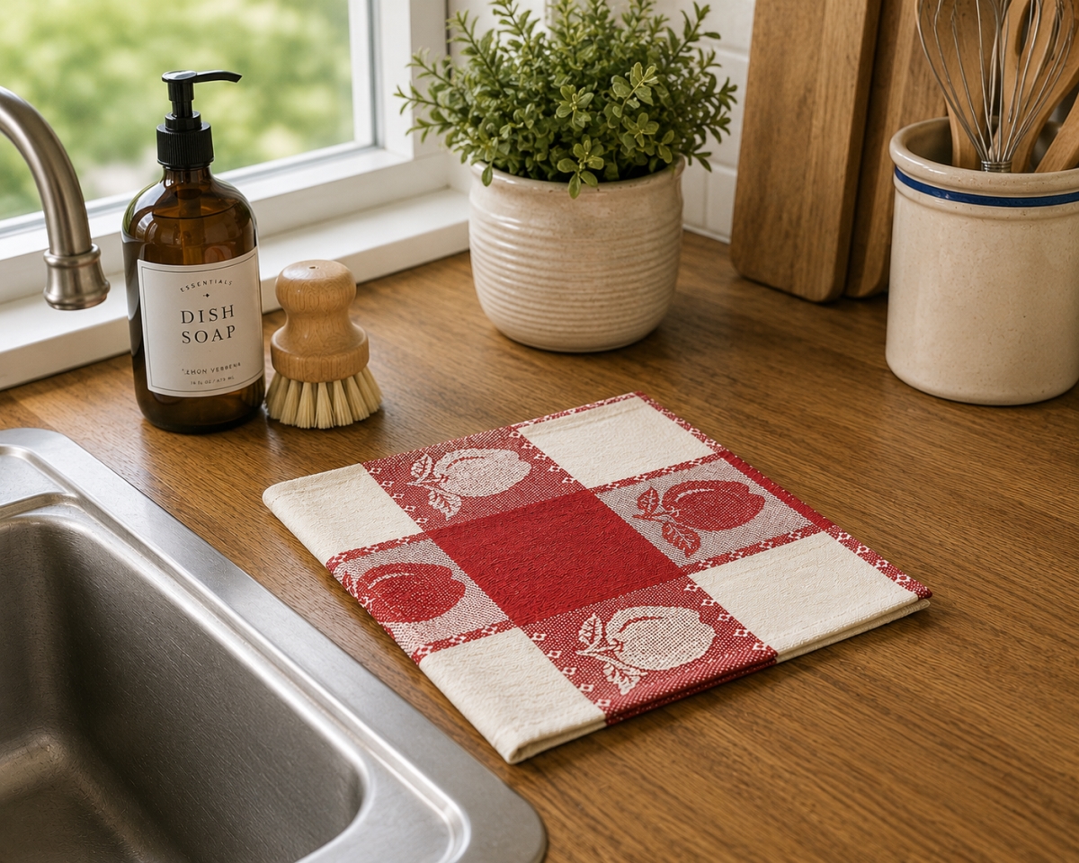 AG-14601 Set Of 4 Apples On Red Check Pattern Dishcloth