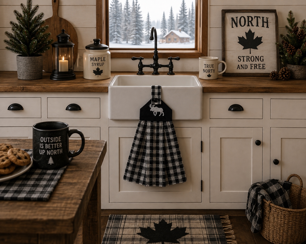 AG-36632 Set Of 2 Buffalo Grey Plaid With Moose-Check Pattern Hanging Kitchen Towel