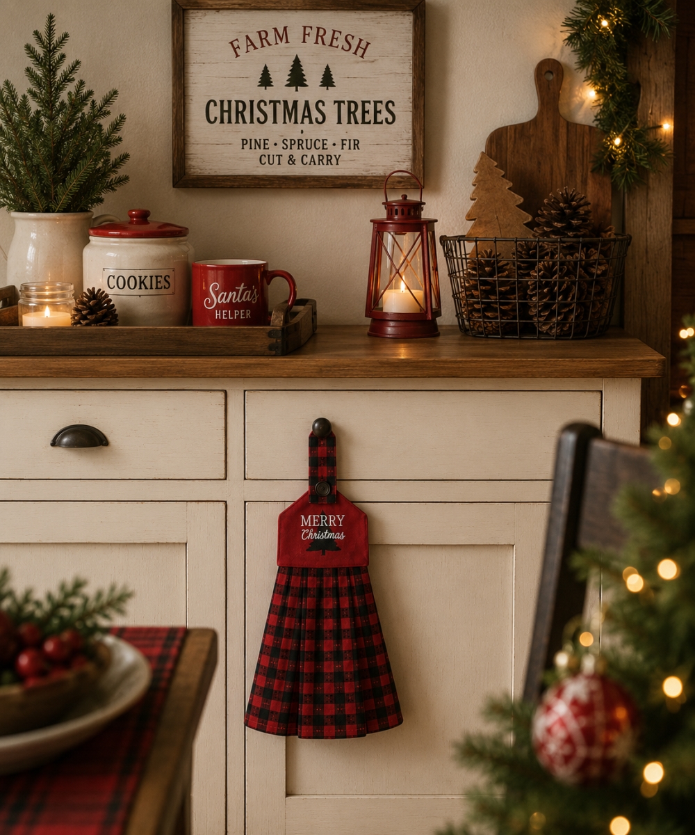 AG-36619 Set Of 2 Buffalo Red Plaid With Merry Christmas-Check Pattern Hanging Kitchen Towel