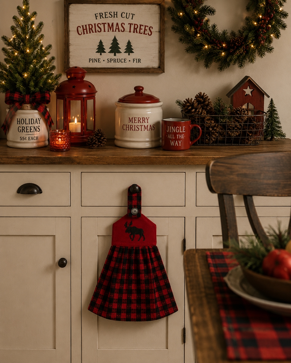 AG-36620 Set Of 2 Buffalo Red Plaid With Moose-Check Pattern Hanging Kitchen Towel