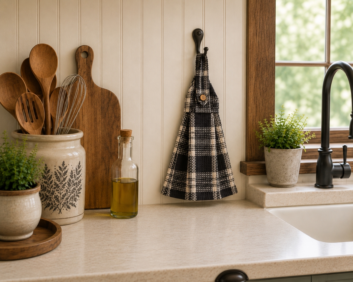 AG-36275 Set Of 2 Stone Grey Plaid Hanging Kitchen Towel