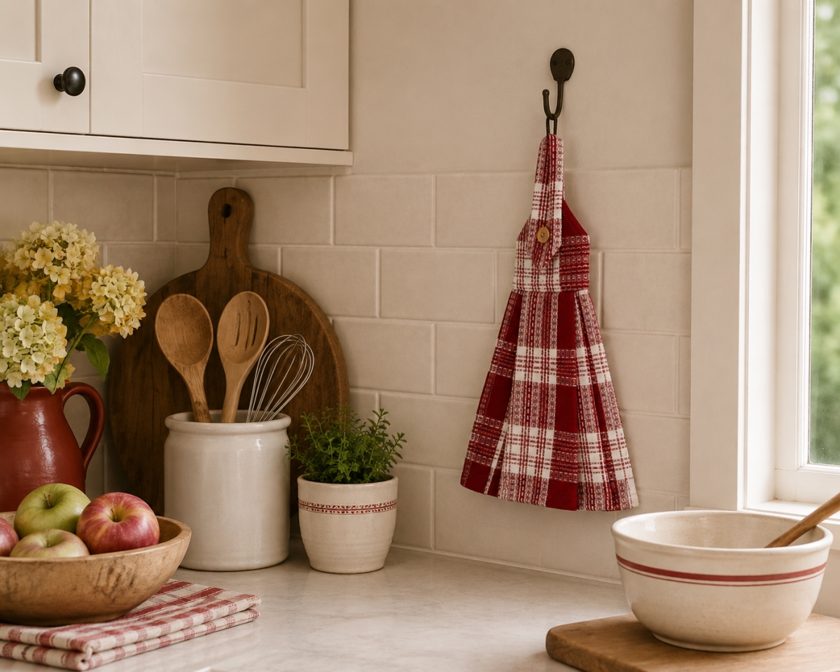 AG-36274 Set Of 2 Stone Red Plaid Hanging Kitchen Towel