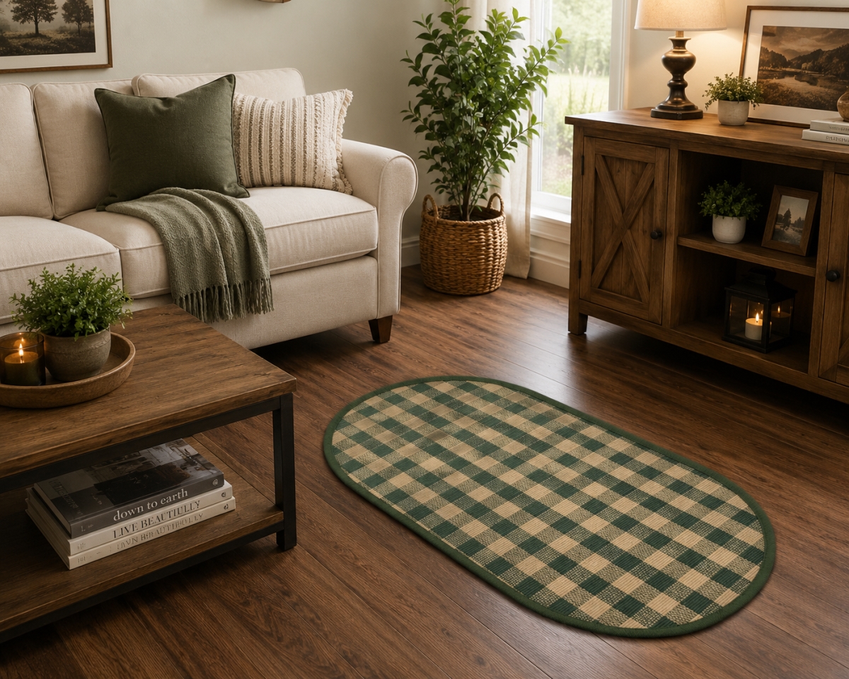 AG-70252 Beige And Green Check Pattern Oval Floor Mat