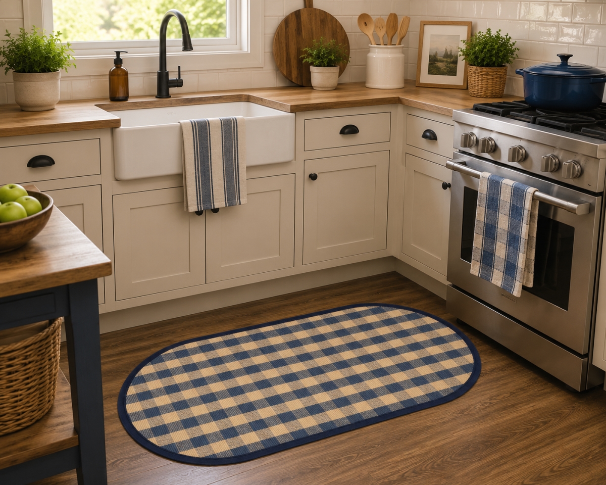 AG-70250 Beige And Navy Blue Check Pattern Oval Floor Mat