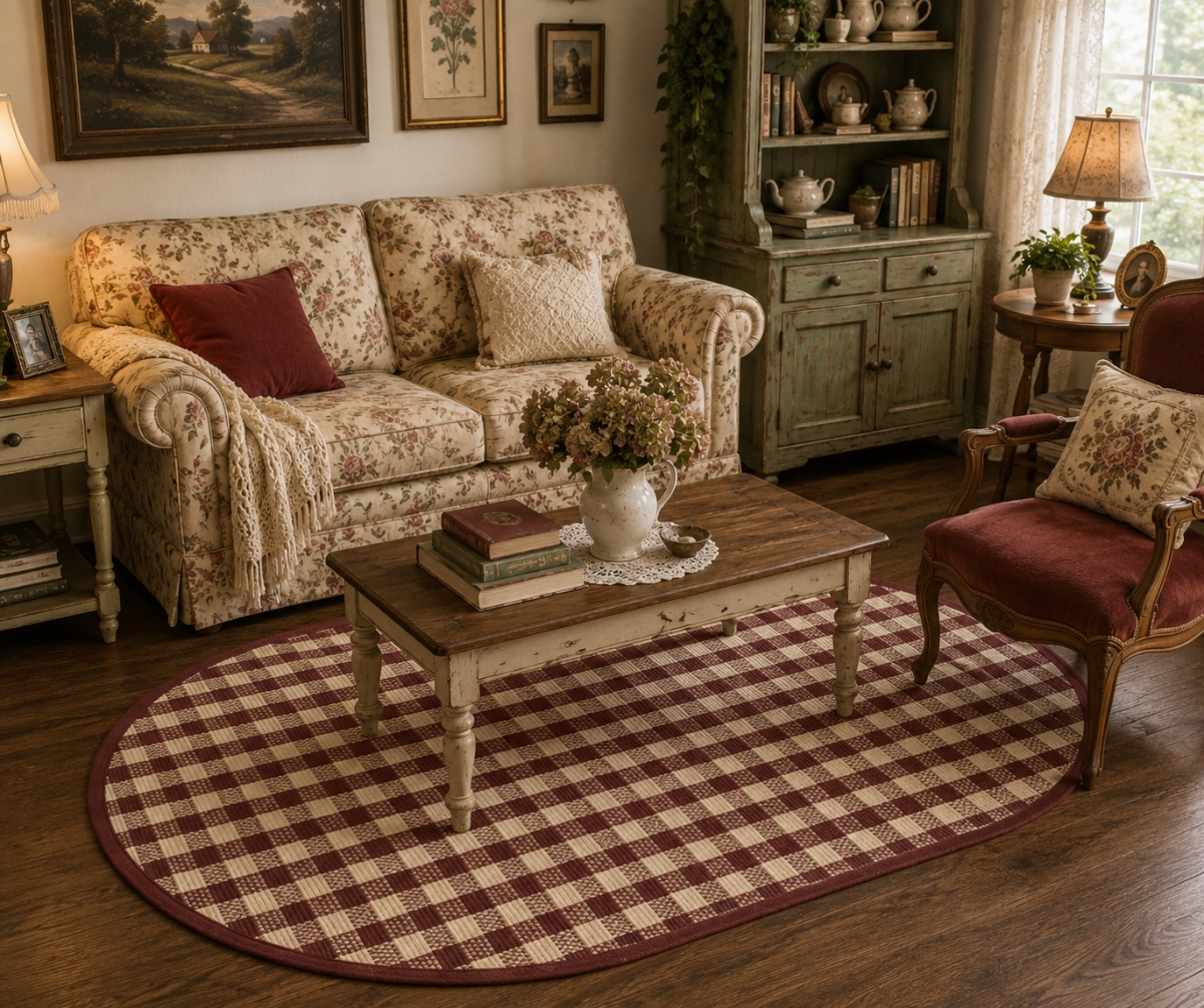AG-70295 Berry Burgundy Check Pattern Oval Floor Mat