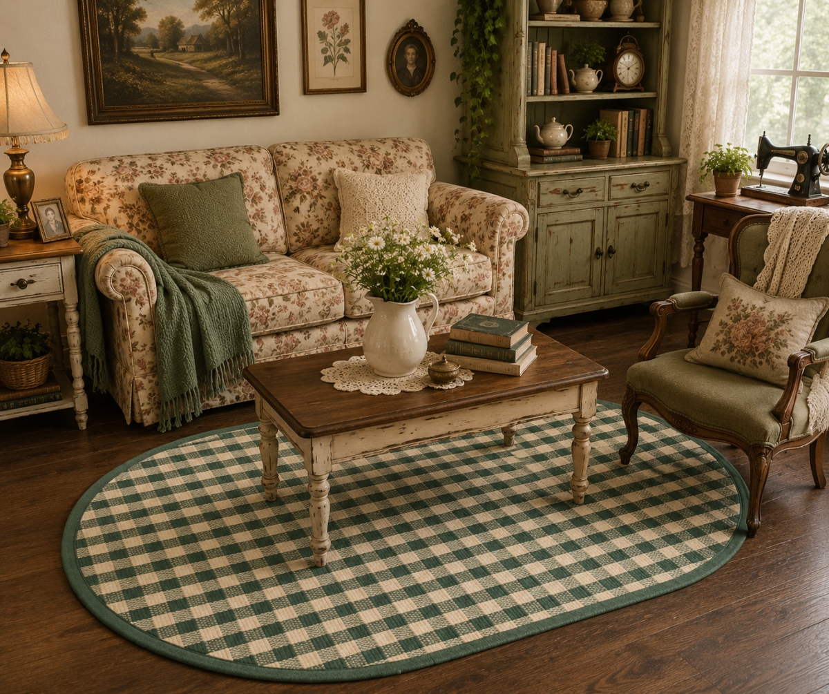 AG-70297 Berry Green Check Pattern Oval Floor Mat