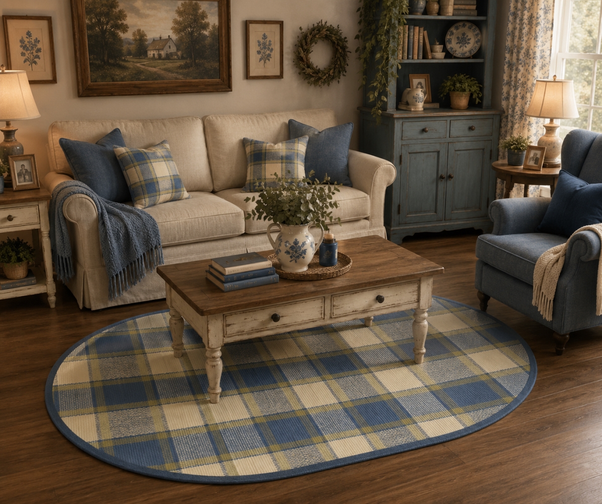 AG-70713 Provence Check Pattern Oval Floor Mat