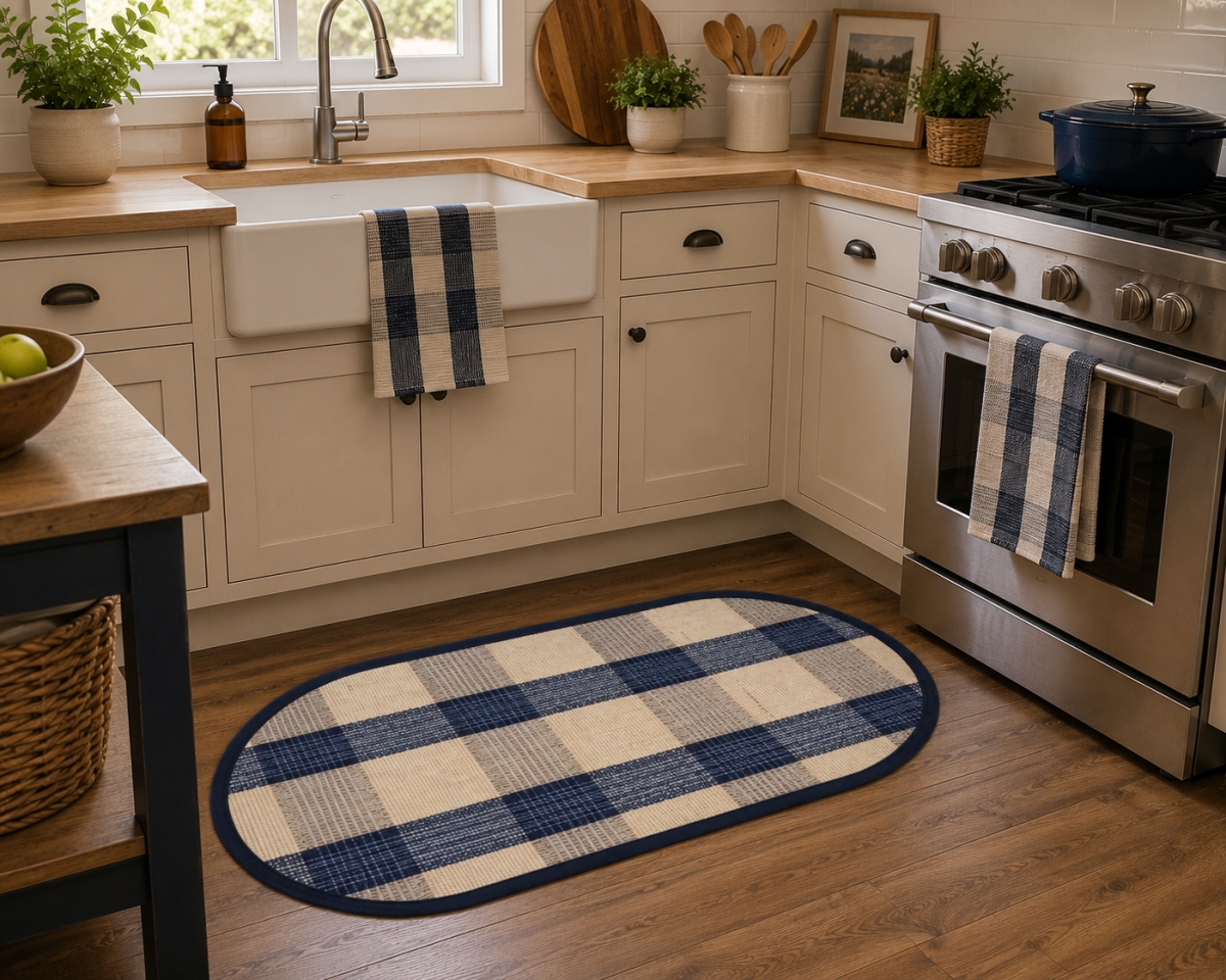 AG-70222 Sand Blue Check Pattern Oval Floor Mat