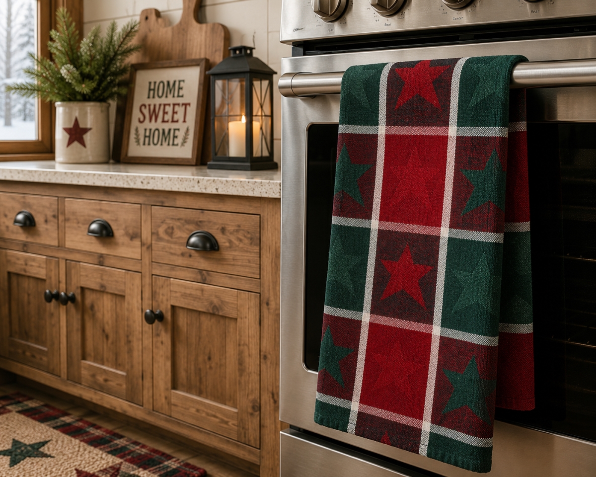 AG-30626 Set Of 4 Christmas Stars On Check Pattern Kitchen Towel
