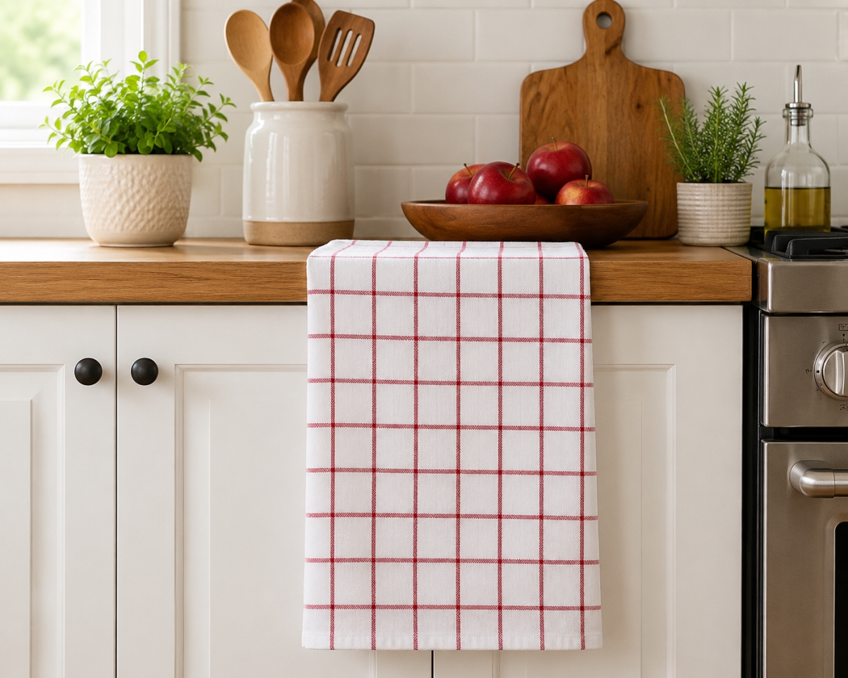 AG-30643 Set Of 4 White With Burgundy Check Pattern Kitchen Towel