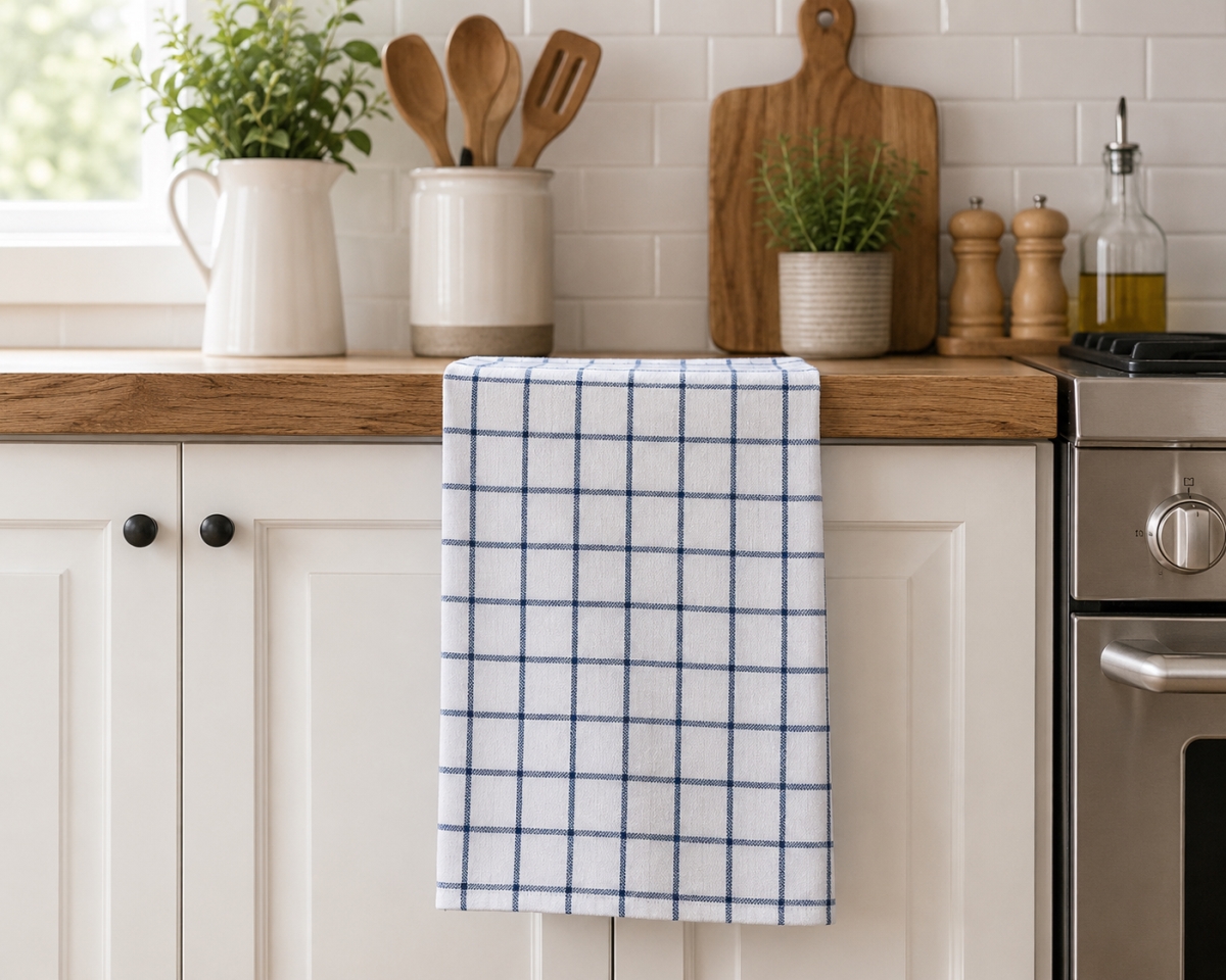 AG-30641 Set Of 4 White With Gray Check Pattern Kitchen Towel