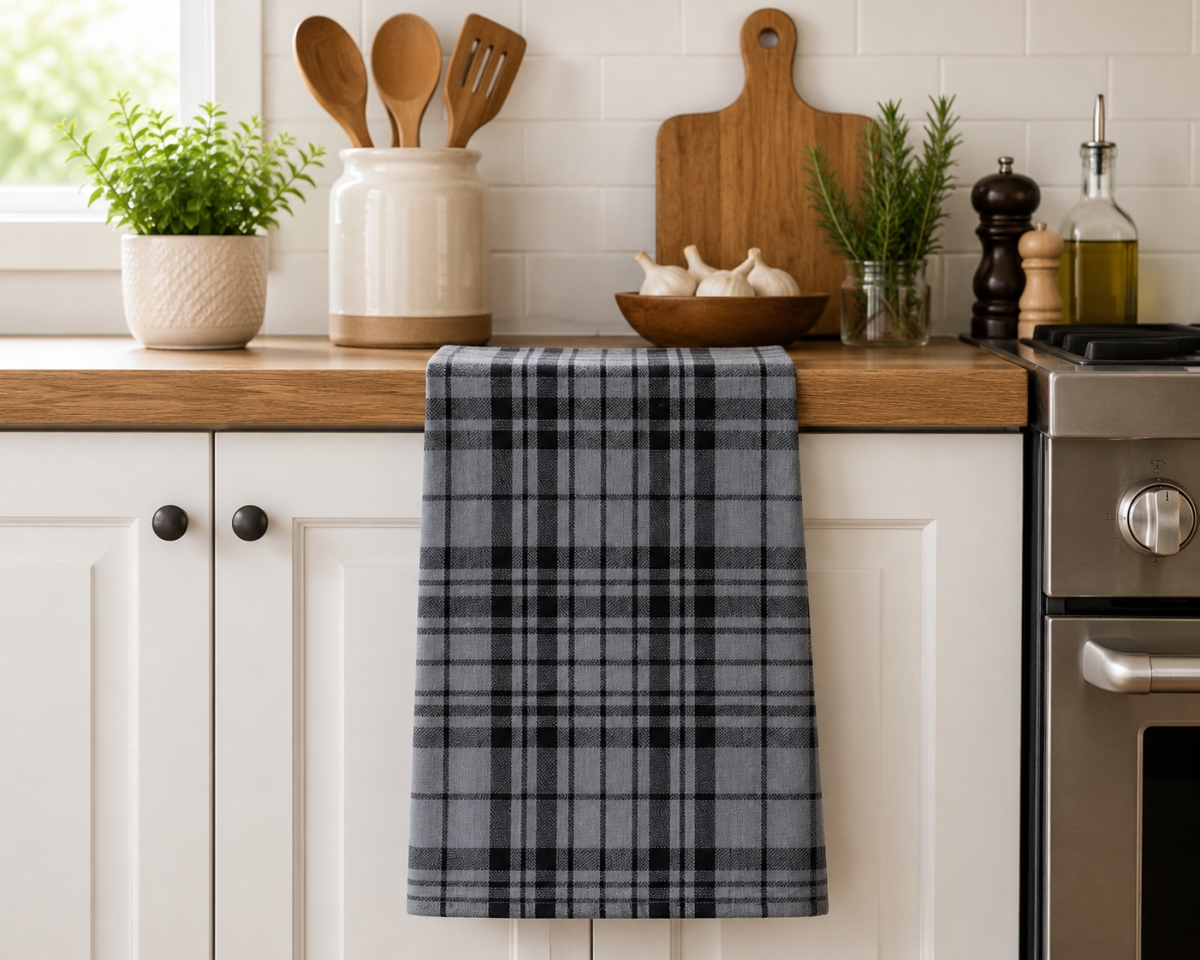 AG-30644 Set Of 4 Black And Gray Plaid Kitchen Towel