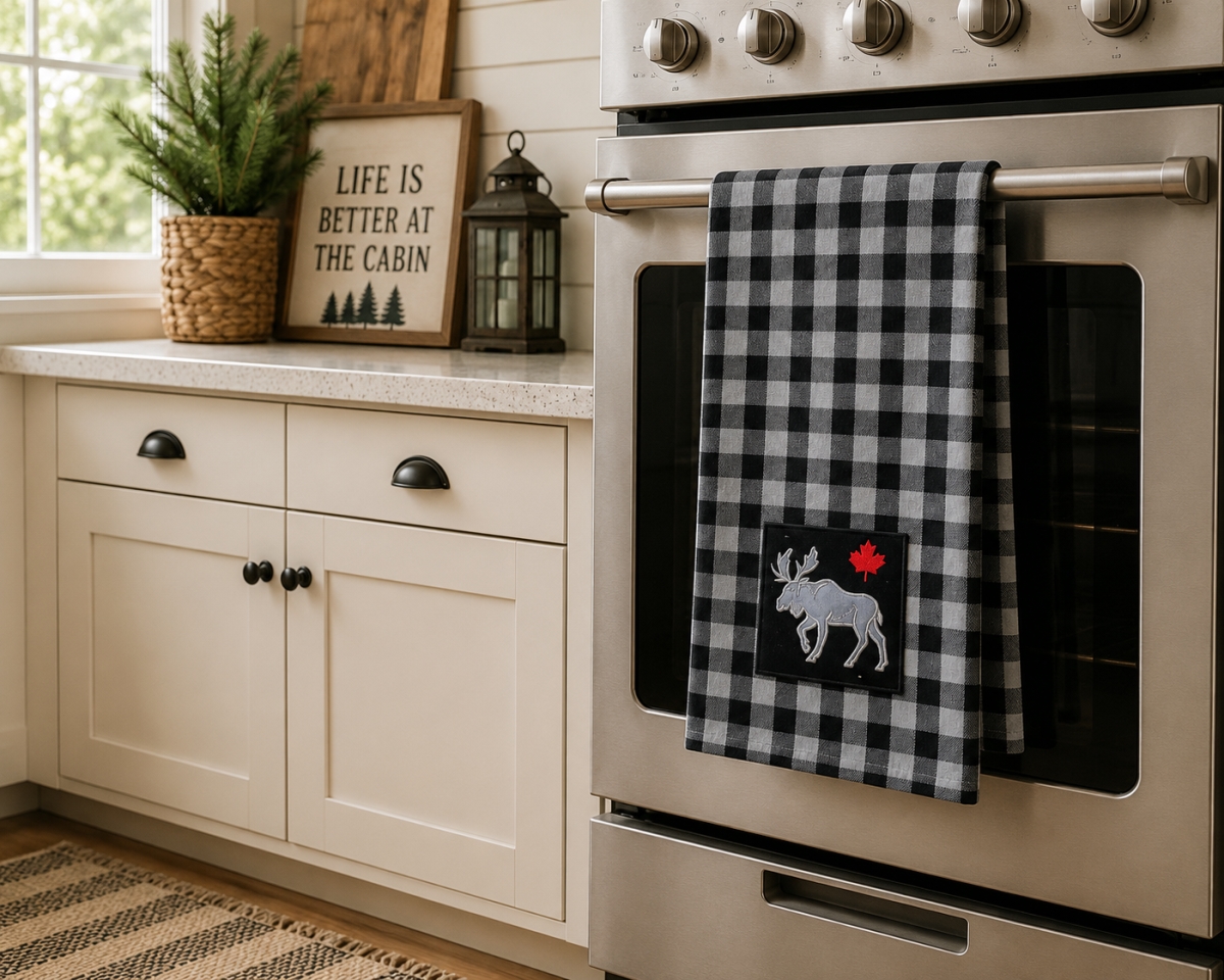 AG-30632C Set Of 4 Buffalo Grey Plaid With Moose & Maple Leaf Kitchen Towel